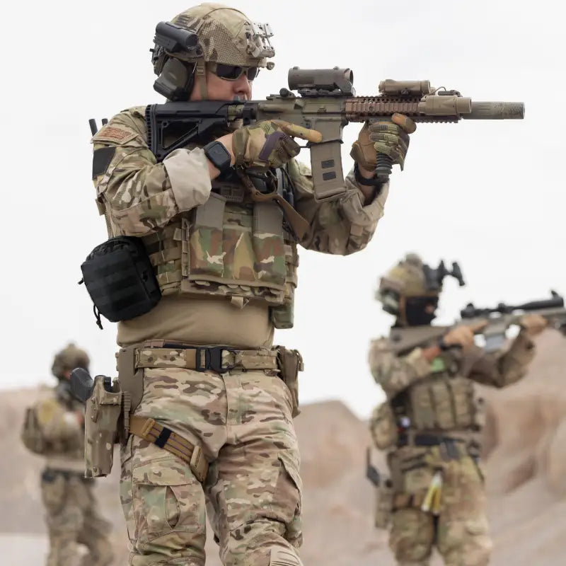 Soldiers in camouflage gear holding rifles for emergency response and first responders