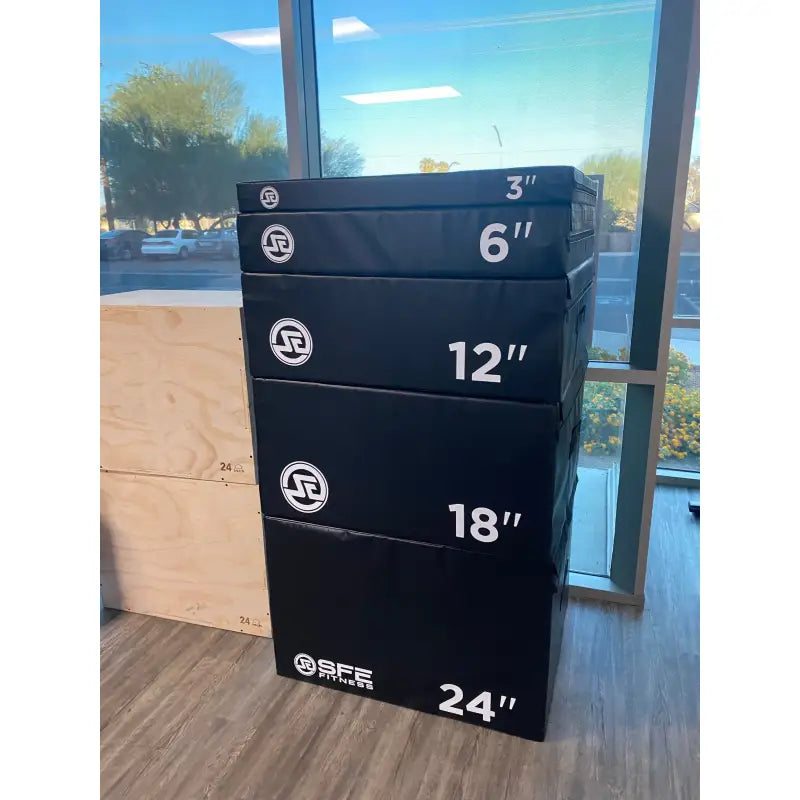 Stack of SFE Foam Plyo Boxes in a 5-piece set for versatile workouts and training