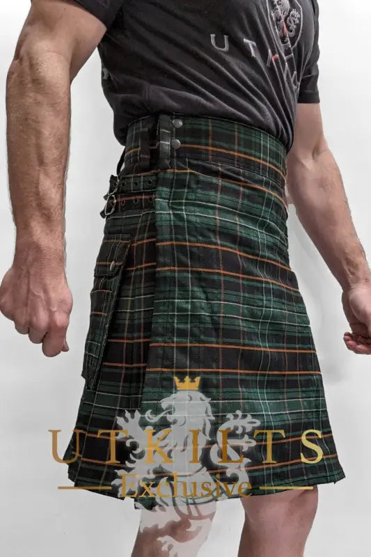 Traditional Scottish Tartan Utility Kilt featuring Irish Black Tartan and embroidered hem