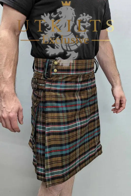 Traditional Scottish National Weathered Tartan Utility Kilt in brown and blue plaid