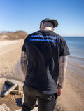 Black stigma-breaking unisex tee with blue text reading BEING NICE SATING 100 for mental health