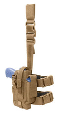Tan tactical thigh holster with adjustable straps for large frame autos and tactical gear