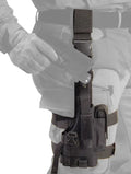 Black tactical thigh holster with adjustable straps for large frame autos