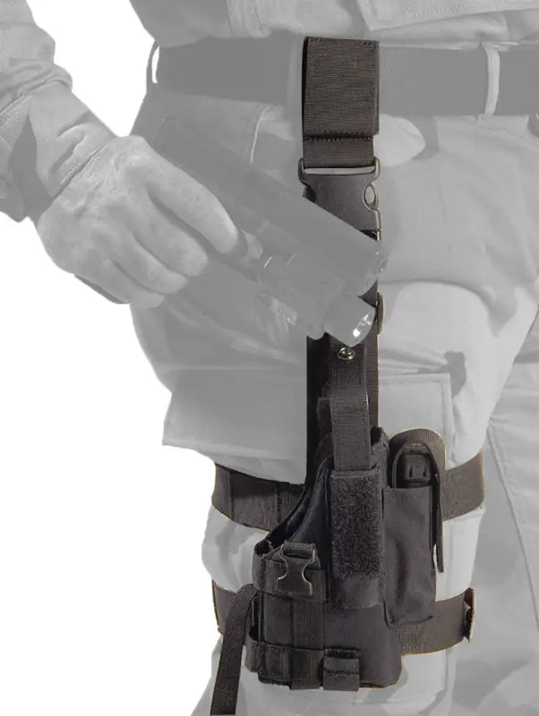 Black tactical thigh holster with adjustable straps for large frame autos