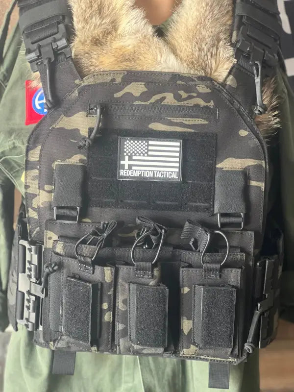 Tactical multi-camouflage body armor with pouches and flag patch from Redemption Tactical