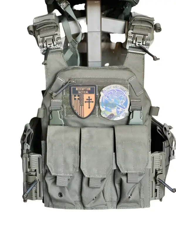 Tactical olive drab body armor with pouches and patches from Redemption Tactical Level IIIA