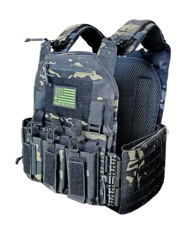 Redemption Tactical Crusader 2.0 plate carrier vest with magazine pouches and American flag patch