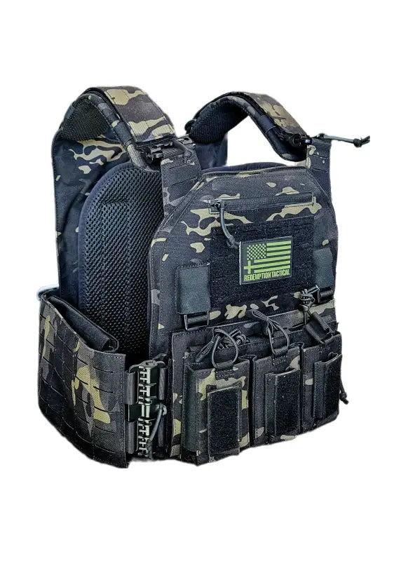Redemption Tactical Crusader 2.0 plate carrier vest with black and olive drab camouflage and multiple pouches