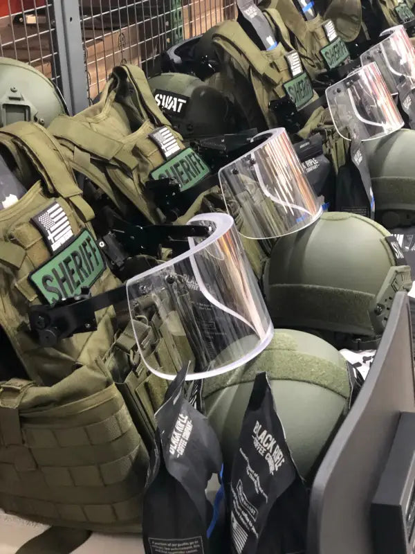 Tactical police gear featuring Level IIIA ballistic glass face shield with Helmet ARC Rail Mount for redemption tactical body armor