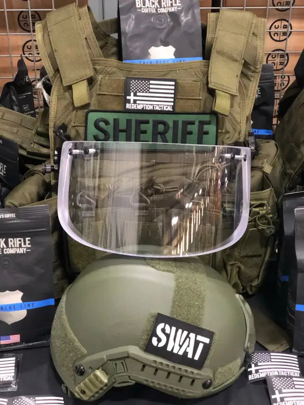 Redemption Tactical Level IIIA Ballistic Glass Face Shield with Helmet ARC Rail Mount and tactical vest