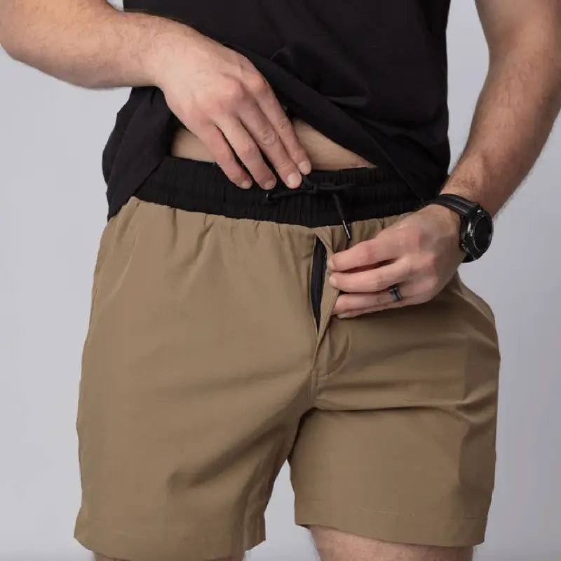 Tan athletic training shorts for concealed carry, Carrier Training Shorts Mk.II 5-inch inseam