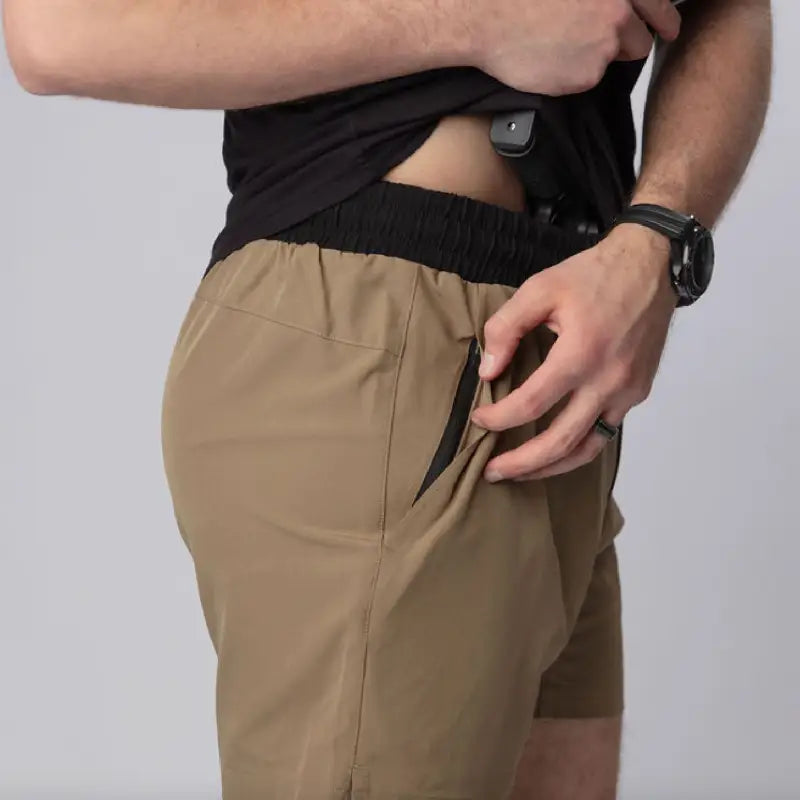 Tan athletic training shorts with zippered pocket from Carrier Training Shorts Mk.II