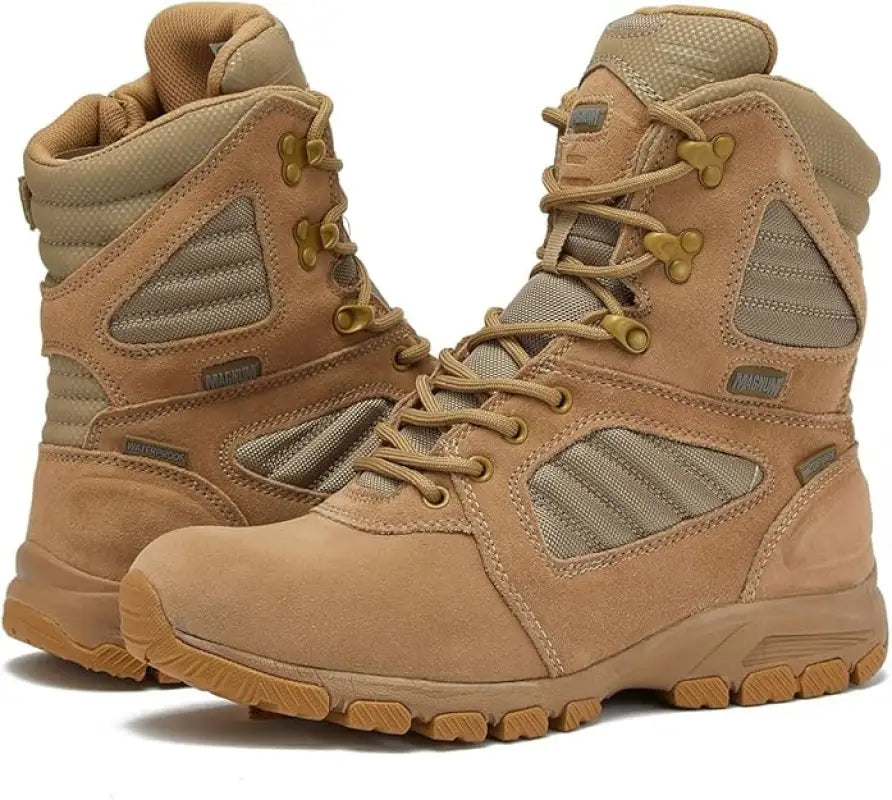 Tan-colored military tactical boots for police and first responders, waterproof comfort