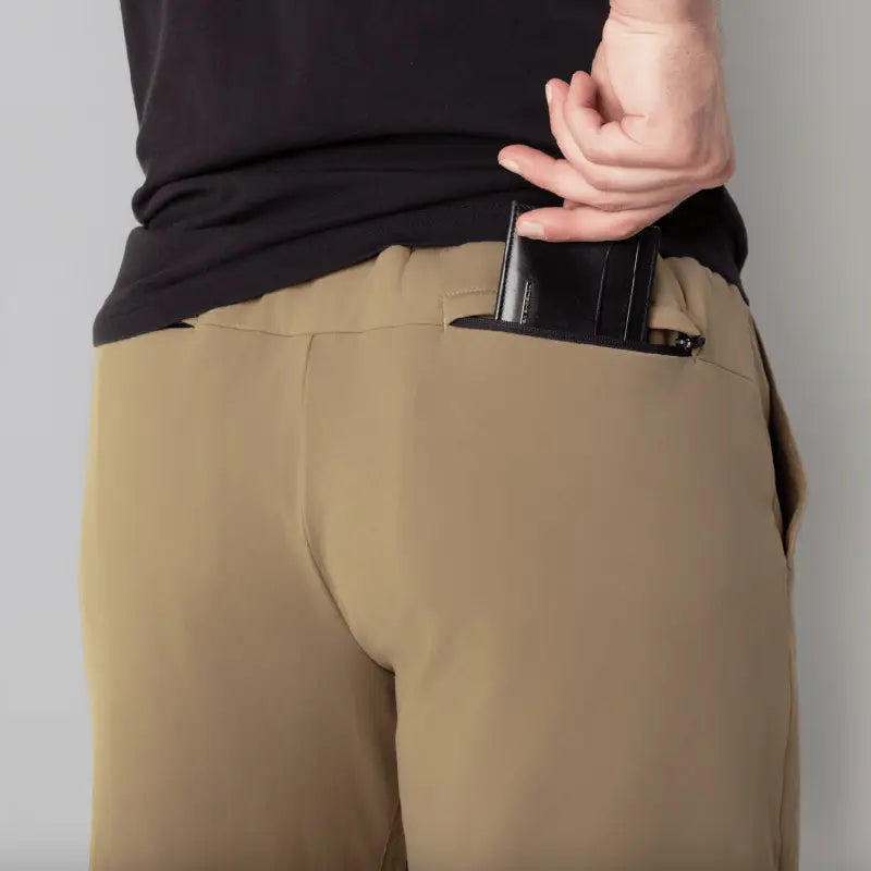 Tan Carrier Shorts Mk.II with concealed carry wallet pocket showcasing Arrowhead Tactical Apparel