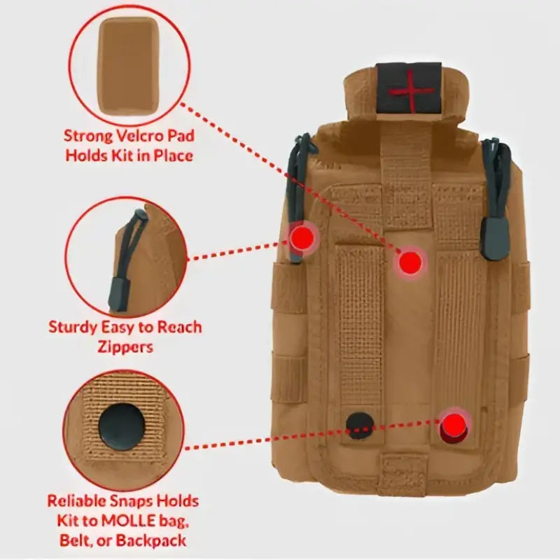 Tan tactical first aid kit for first responders, firefighters, and police in emergencies