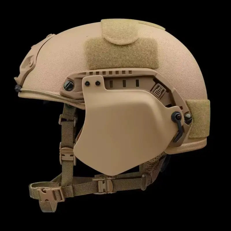Tan tactical helmet with face shield featuring Ear Armor for high cut helmets and body armor