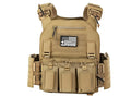 Tan tactical plate carrier with magazine pouches from Redemption Tactical Crusader 2.0 featuring standard 10x12 plates