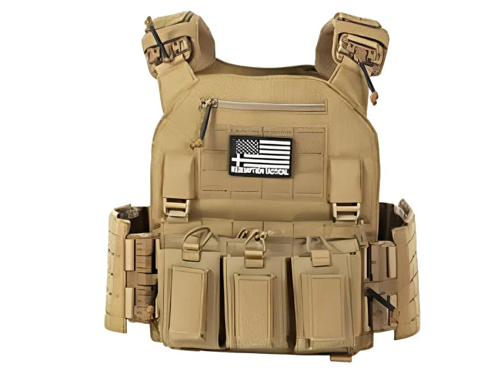 Tan tactical plate carrier with magazine pouches from Redemption Tactical Crusader 2.0 featuring standard 10x12 plates
