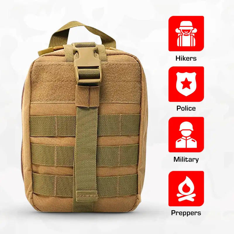 Tan tactical pouch for Trauma IFAK Kit, ideal for first responders, firefighters, police