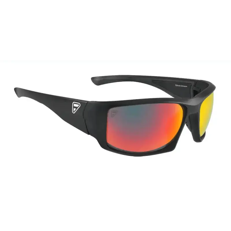 Black sports sunglasses with red-tinted lenses ideal for Ten-8 Crimson first responders