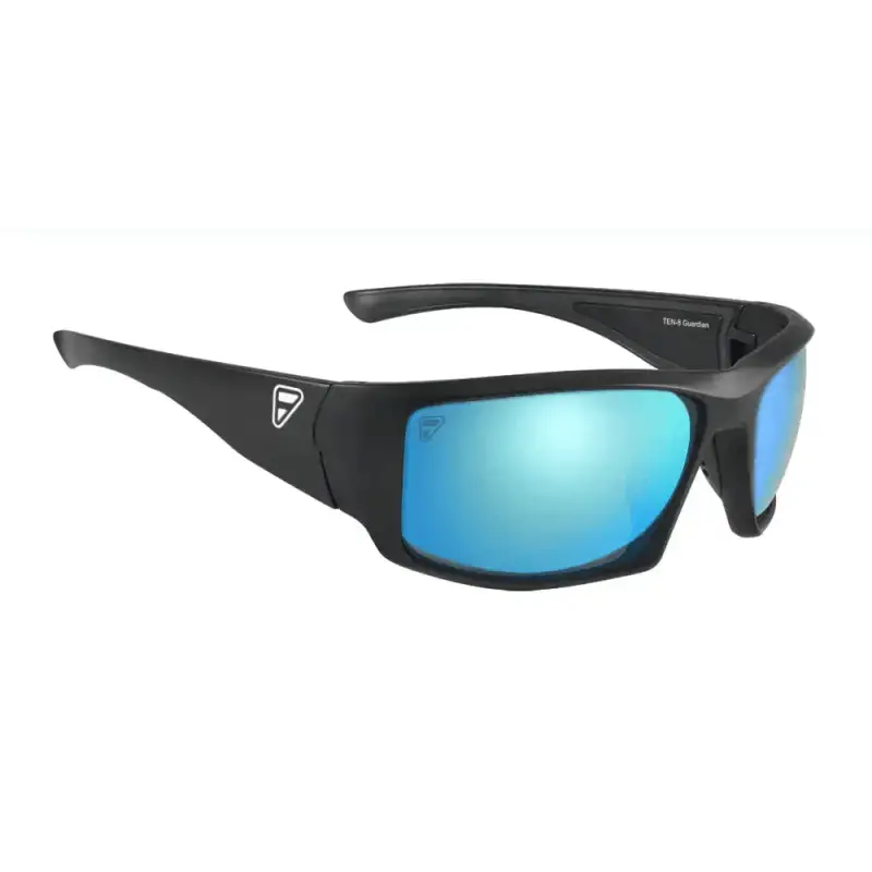 Black sports sunglasses with blue mirrored lenses for Ten-8 Guardian first responders
