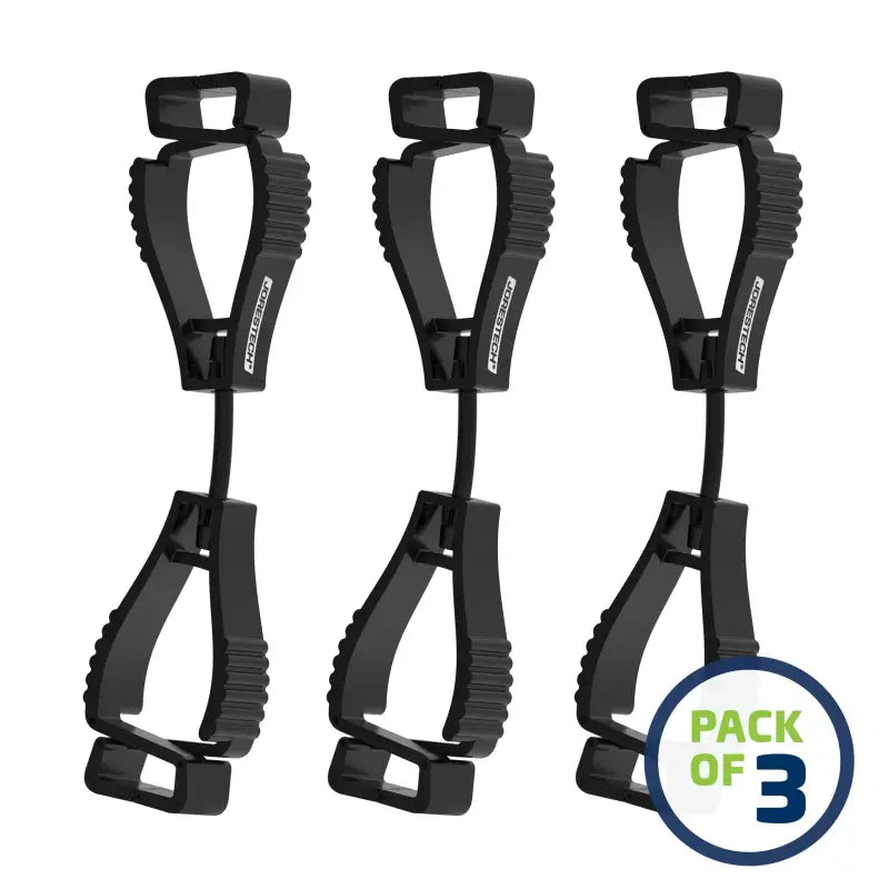 Three black glove clips for secure attachment in the Glove Clip Safety Holder