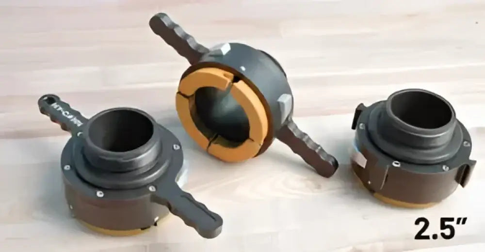 Three black and orange pipe couplings for Hy-Conn Pro Series Hydrant Adapter, ideal for first responders
