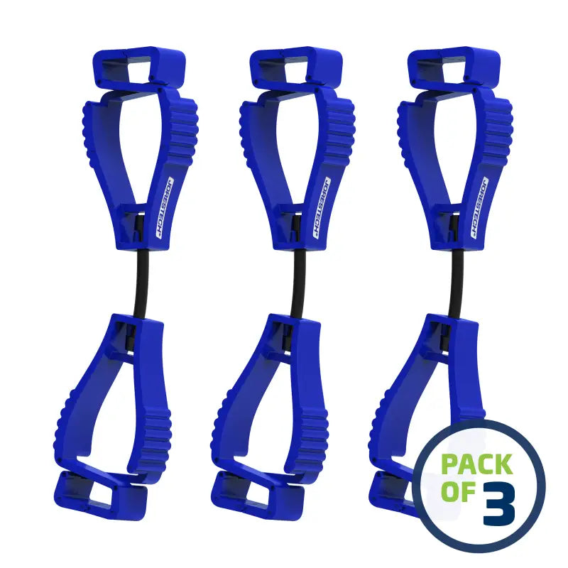 Three blue ski boot carriers from the Glove Clip Safety Holder collection