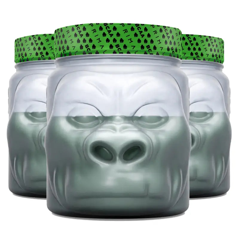 Three gorilla-shaped supplement containers for Post Recovery, ideal for first responders and firefighters