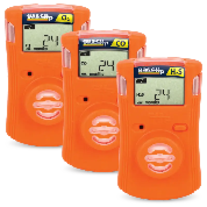Three orange single gas clip detectors for safety and gas monitoring in industrial settings