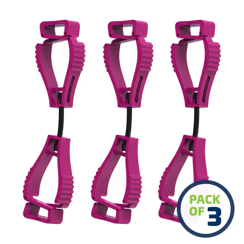 Three pink glove clips in a Glove Clip Safety Holder for secure storage and accessibility