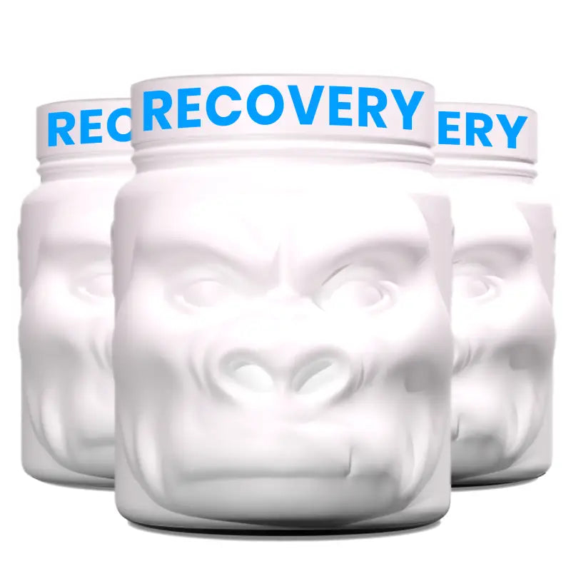 Three white Gorilla-Faced Post Recovery supplement containers for first responders and firefighters