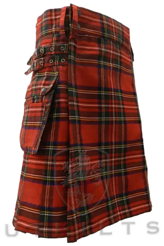 Traditional Royal Stewart Tartan Utility Kilt with leather straps and buckles