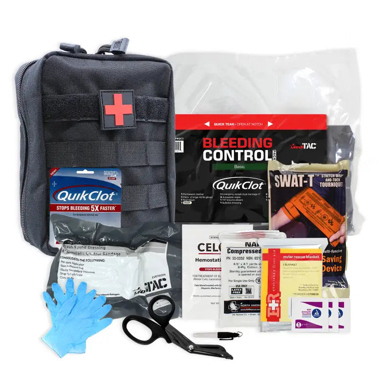 Trauma first aid kit for bleeding control by firefighter and first responders