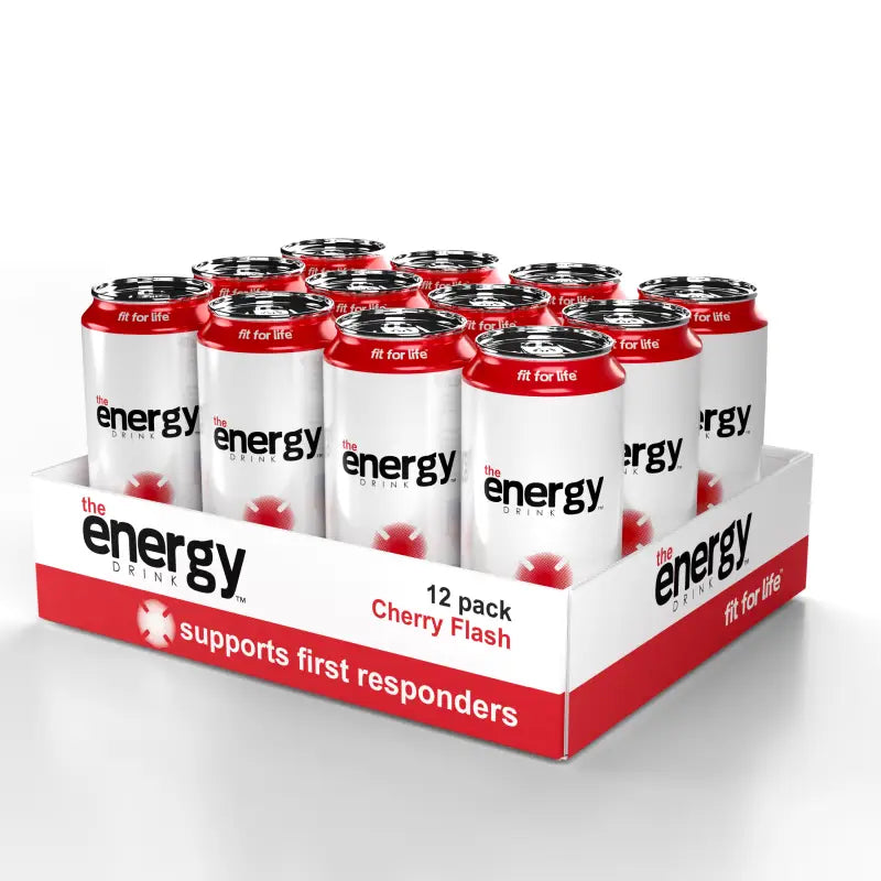 Twelve-pack of Cherry Flash Energy Drinks by Buff’d Energy for First Responders