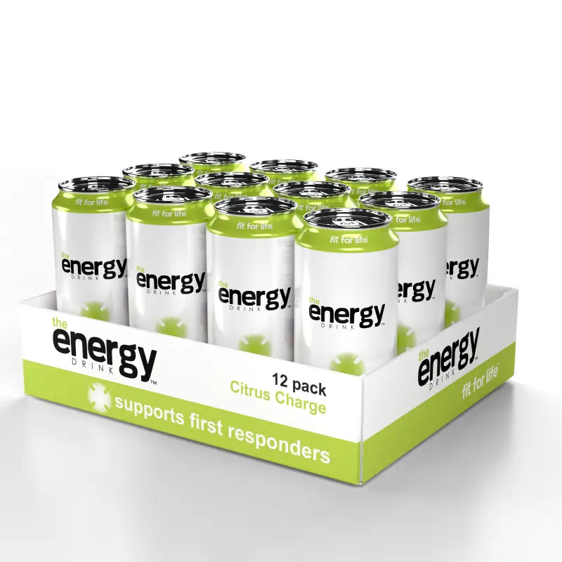 Twelve-pack of Citrus Charge Buff’d Energy drinks for first responders and sustained energy