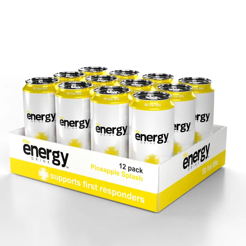Twelve-pack of Pineapple Splash Buff’d Energy drinks for first responders with refreshing flavor