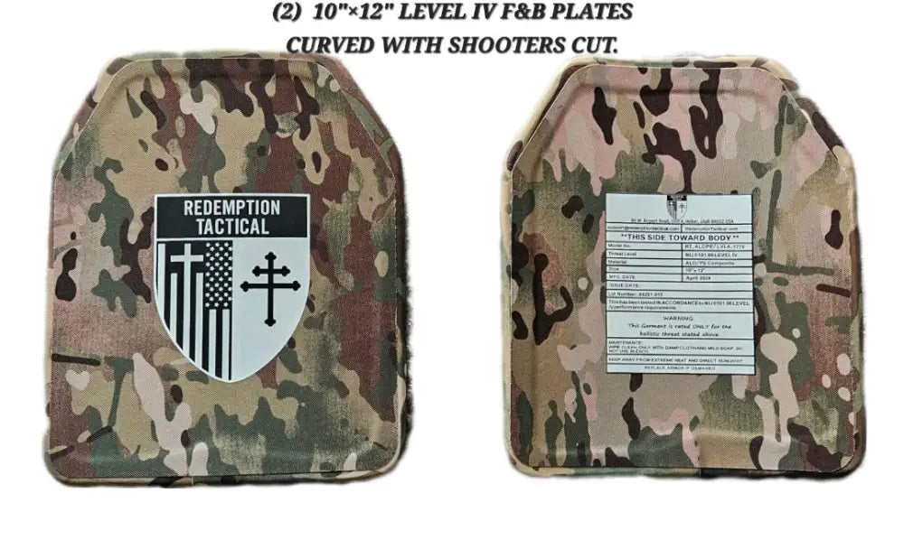 Level IV curved F&B camouflage ballistic plates with shooter’s cut for body armor by Redemption Tactical