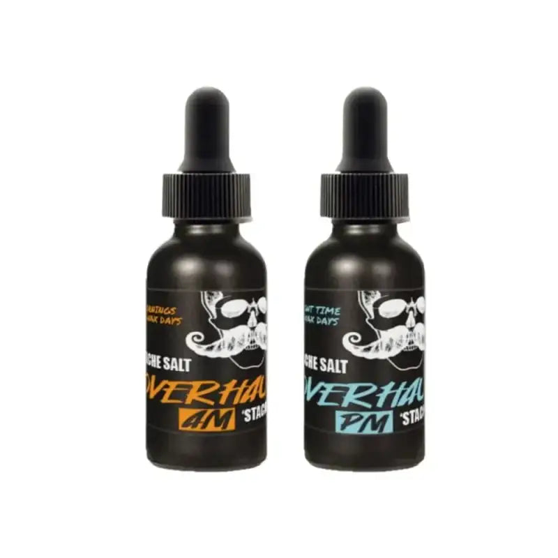 Two black dropper bottles with skull designs for Overhaul Stache Oil Pack