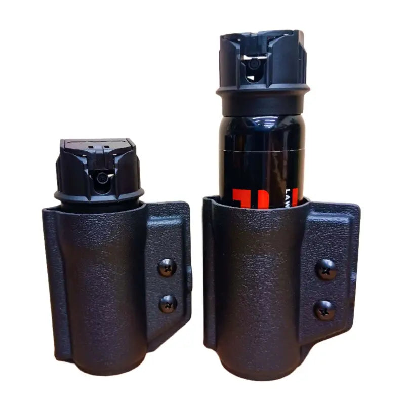Two black plastic holsters for pepper spray canisters featuring a secure retention device
