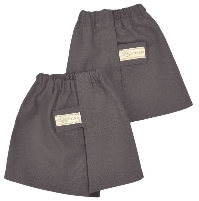 Two gray elastic-waist shorts with beige label patches for Canvas Ankle Gaiters
