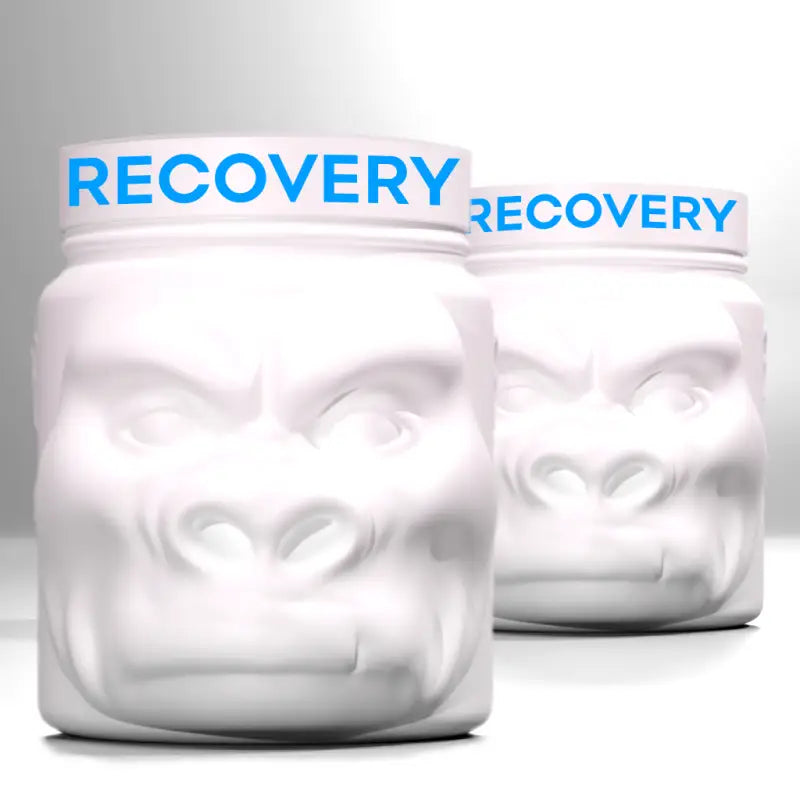 Two white Gorilla-shaped Post Recovery supplement containers for first responders and firefighters