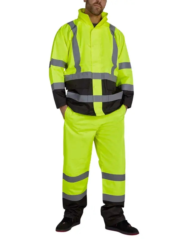 High-visibility yellow UHV823 Hi-Vis Utility Rain Pants with reflective stripes and Teflon fabric protector