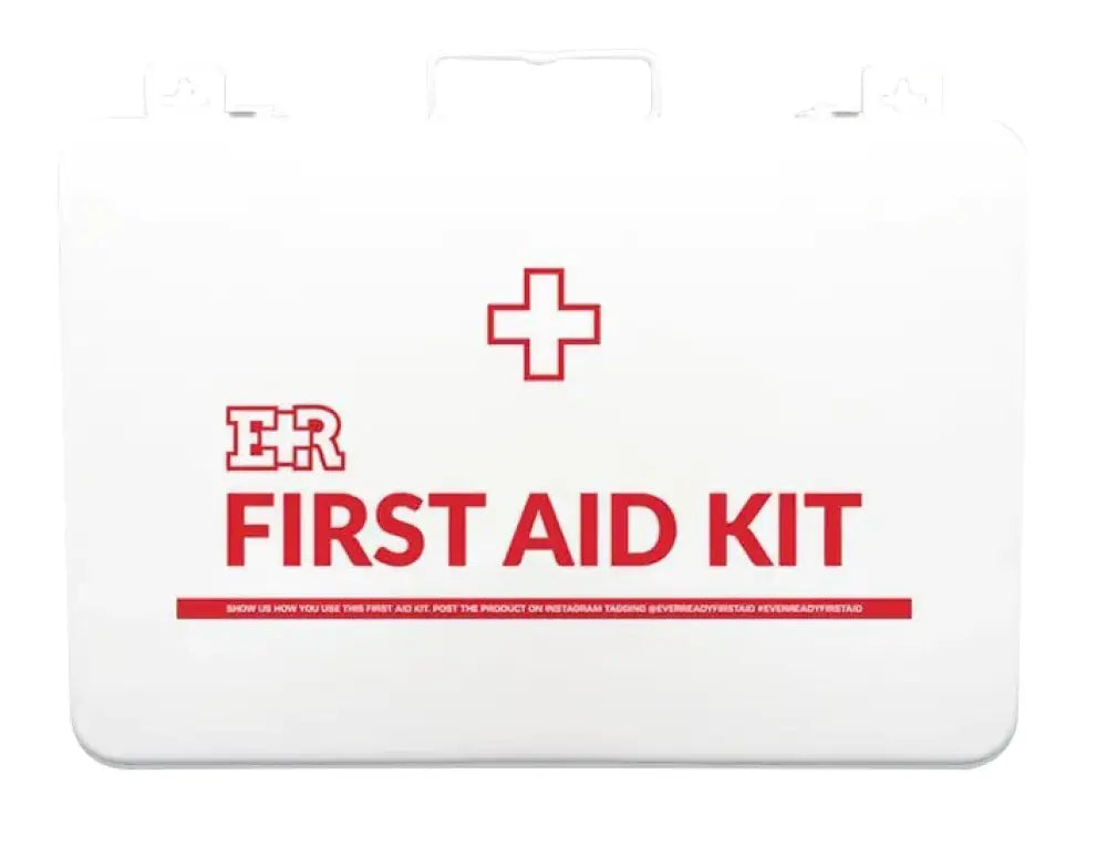 White first aid kit in metal case designed for first responders and firefighters