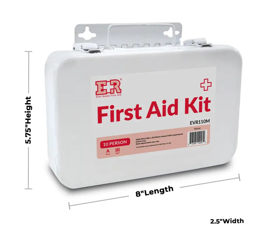 White first aid kit with metal case for first responders and firefighters, dimensions shown