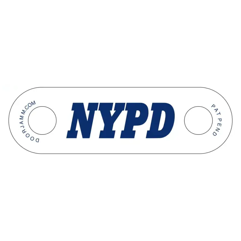 White bottle opener with blue NYPD text for NYPD DoorJamm and first responders