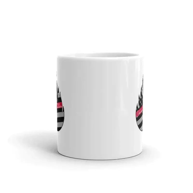 White ceramic Signature Chief Miller Mug with a circular black and pink logo design