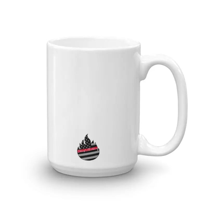 White ceramic firefighter mug with black and red flame logo for evening tea, ensuring long-lasting use
