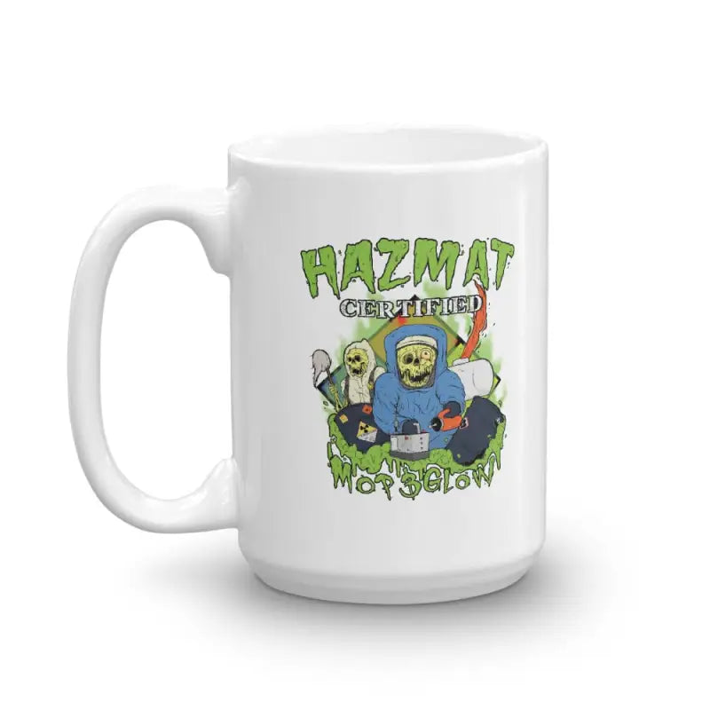 White ceramic Hazmat Mug with cartoon zombie-style characters for first responders