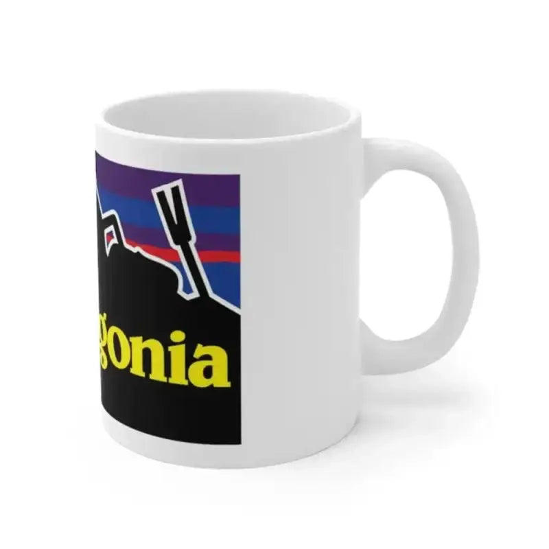 White ceramic Squadagonia Mug featuring Patagonia logo for first responders and firefighters